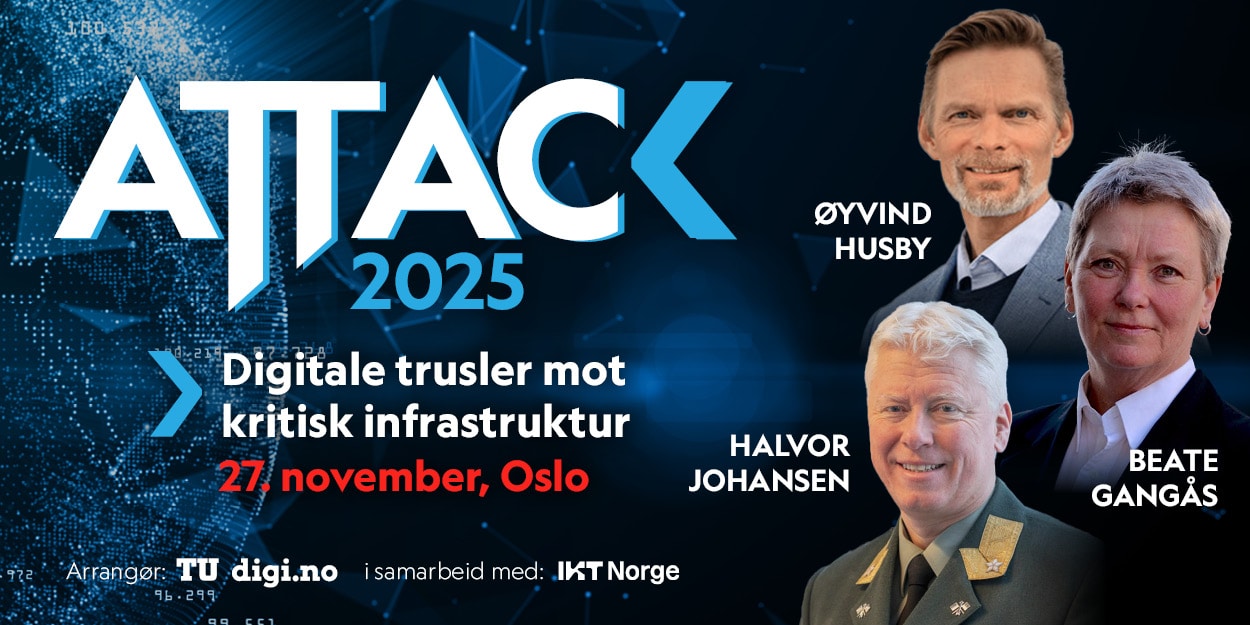 Banner-bilde av promo for Attack-konferansen 2025. "Digitale trusler mot kritisk infrastruktur", 27. november i Oslo. Arrangør: TU digi.no i samarbeid med IKT-Norge. Portrettbilder av Øyvind Husby, Beate Gangås og Halvor Johansen.