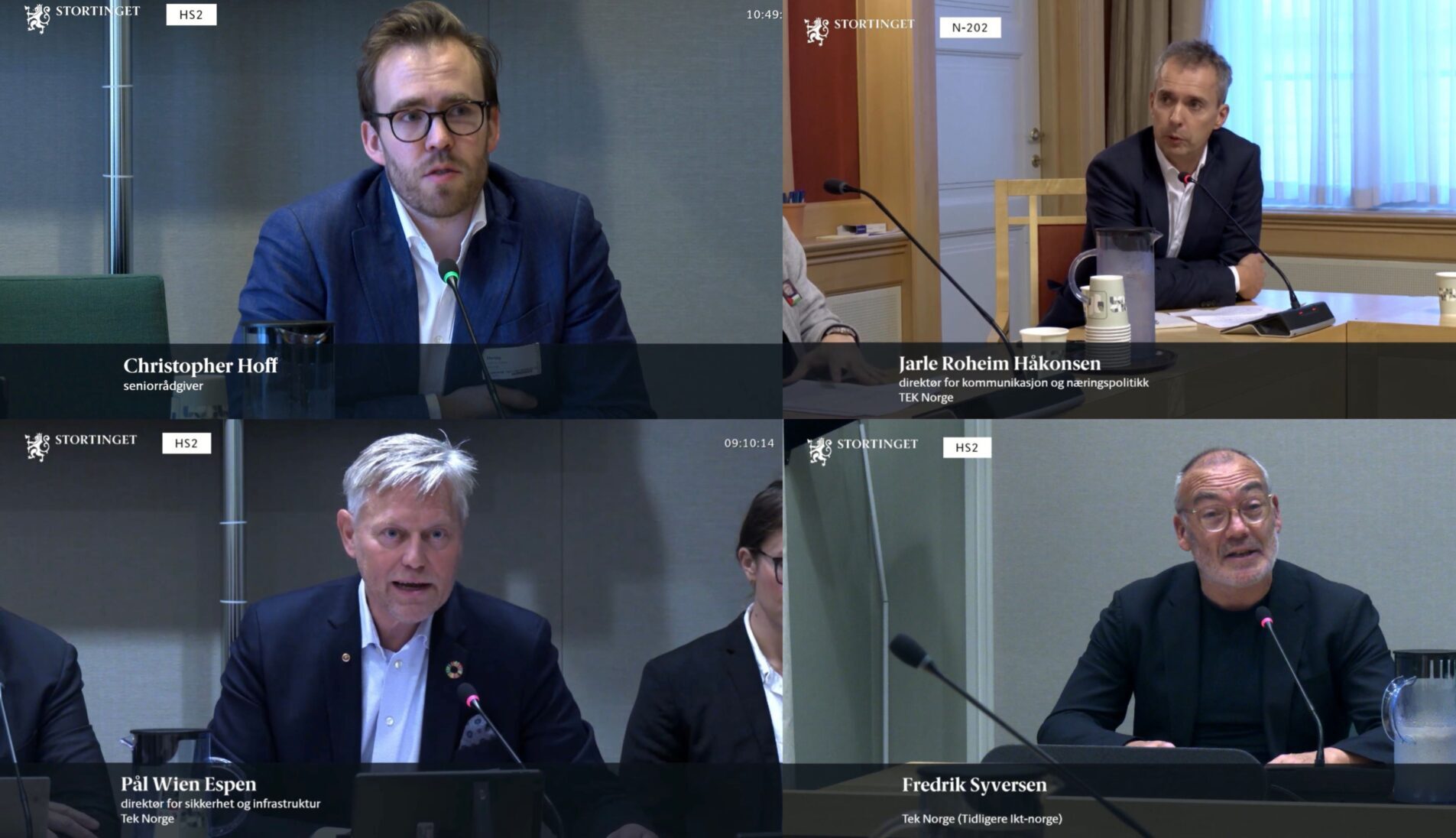 Skjermbilder (4 stk) av ansatte i TEK Norge under budsjetthøringene. Øverst til venstre: Christopher Hoff. Øverst til høyre: Jarle Roheim Håkonsen. Nederst til venstre: Pål Wien Espen. Nederst til høyre: Fredrik Syversen.