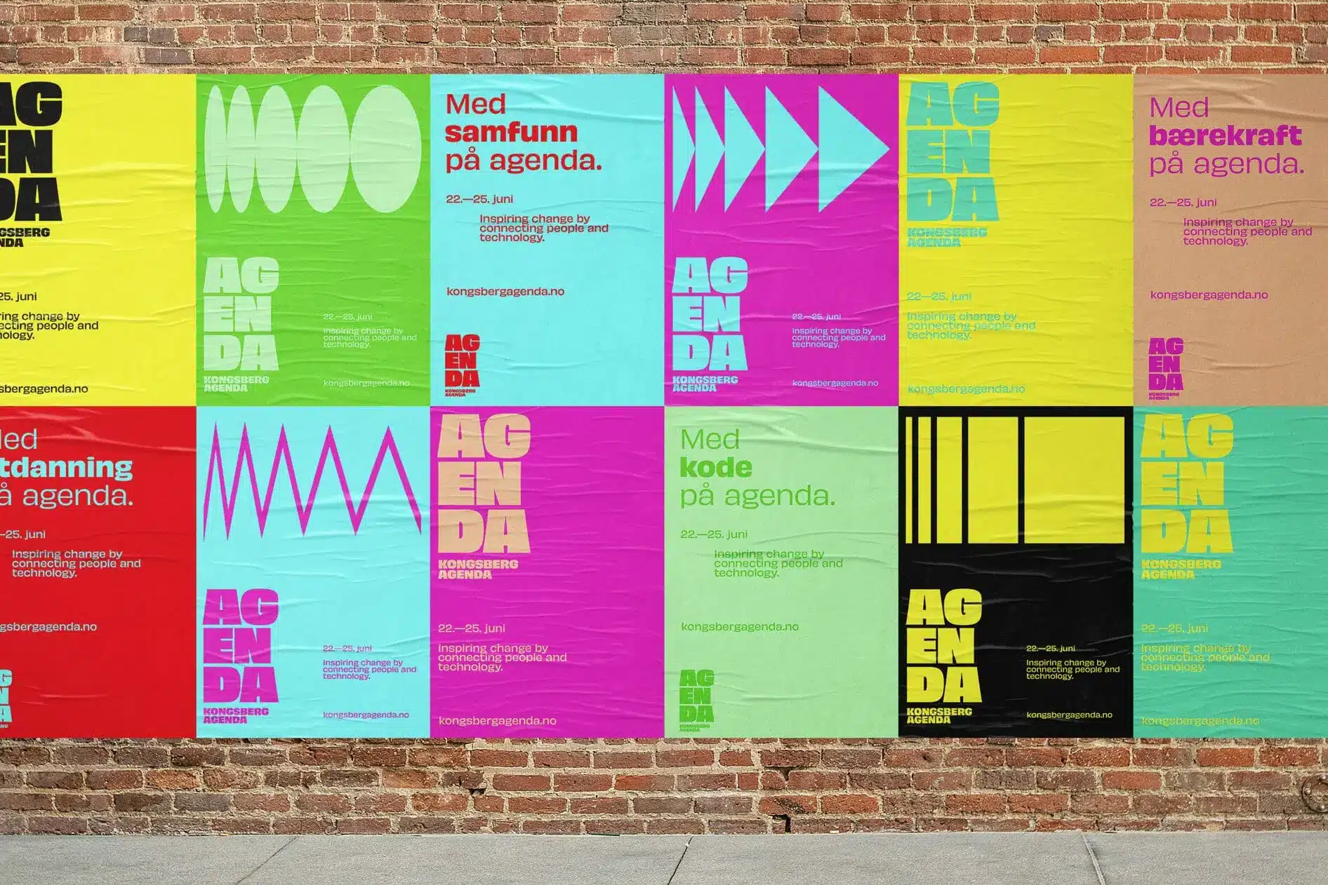 Bilde av en vegg med promo-plakater fra Kongsberg Agenda
